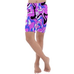 Swirl Pink White Blue Black Kids  Lightweight Velour Cropped Yoga Leggings by Cemarart