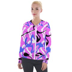 Swirl Pink White Blue Black Velvet Zip Up Jacket by Cemarart