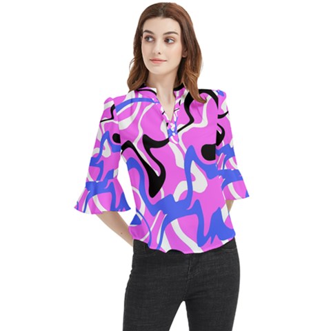 Swirl Pink White Blue Black Loose Horn Sleeve Chiffon Blouse by Cemarart