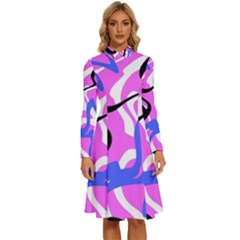 Swirl Pink White Blue Black Long Sleeve Shirt Collar A-line Dress by Cemarart