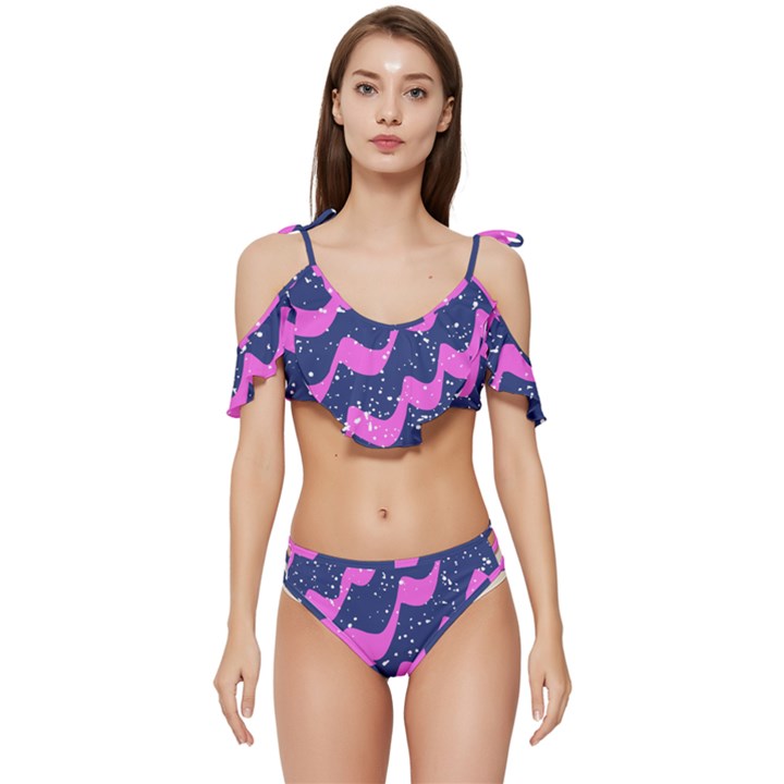 Texture Watercolour Liquify Ruffle Edge Tie Up Bikini Set	