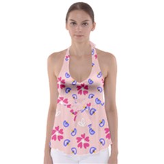 Flower Heart Print Pattern Pink Tie Back Tankini Top by Cemarart