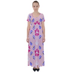 Flower Heart Print Pattern Pink High Waist Short Sleeve Maxi Dress by Cemarart