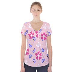 Flower Heart Print Pattern Pink Short Sleeve Front Detail Top by Cemarart