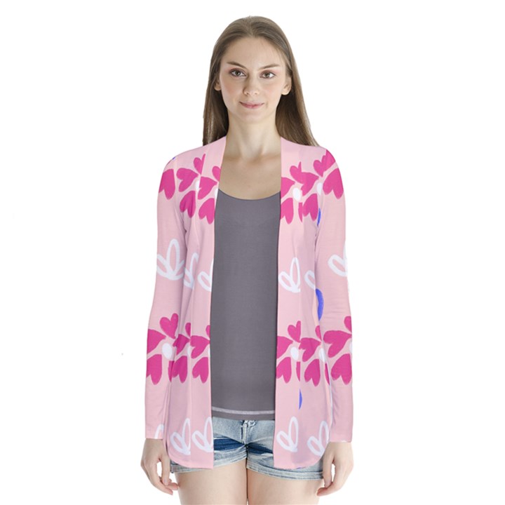 Flower Heart Print Pattern Pink Drape Collar Cardigan