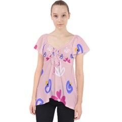 Flower Heart Print Pattern Pink Lace Front Dolly Top by Cemarart