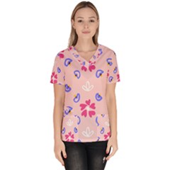 Flower Heart Print Pattern Pink Women s V-neck Scrub Top by Cemarart