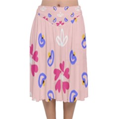 Flower Heart Print Pattern Pink Velvet Flared Midi Skirt by Cemarart