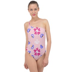 Flower Heart Print Pattern Pink Classic One Shoulder Swimsuit