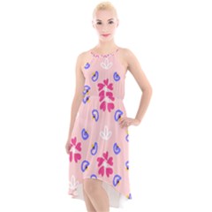 Flower Heart Print Pattern Pink High-low Halter Chiffon Dress  by Cemarart