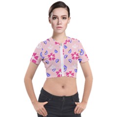 Flower Heart Print Pattern Pink Short Sleeve Cropped Jacket by Cemarart