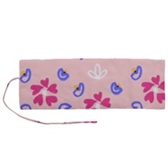 Flower Heart Print Pattern Pink Roll Up Canvas Pencil Holder (m) by Cemarart