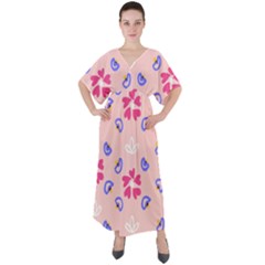 Flower Heart Print Pattern Pink V-neck Boho Style Maxi Dress