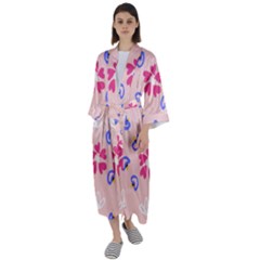 Flower Heart Print Pattern Pink Maxi Satin Kimono by Cemarart