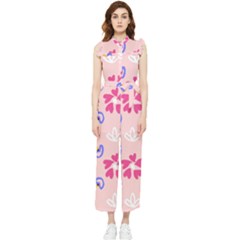 Flower Heart Print Pattern Pink Women s Frill Top Chiffon Jumpsuit by Cemarart