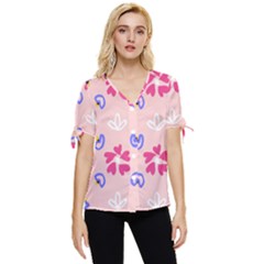 Flower Heart Print Pattern Pink Bow Sleeve Button Up Top by Cemarart