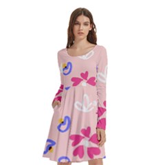 Flower Heart Print Pattern Pink Long Sleeve Knee Length Skater Dress With Pockets by Cemarart