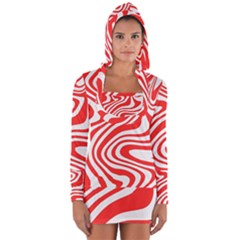 Red White Background Swirl Playful Long Sleeve Hooded T-shirt by Cemarart