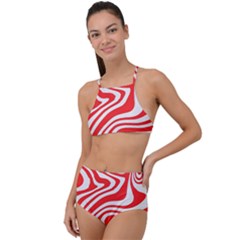 Red White Background Swirl Playful Halter Tankini Set by Cemarart