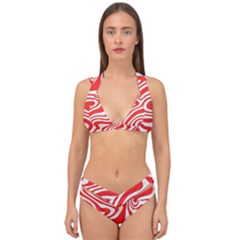 Red White Background Swirl Playful Double Strap Halter Bikini Set by Cemarart