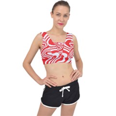 Red White Background Swirl Playful V-back Sports Bra by Cemarart