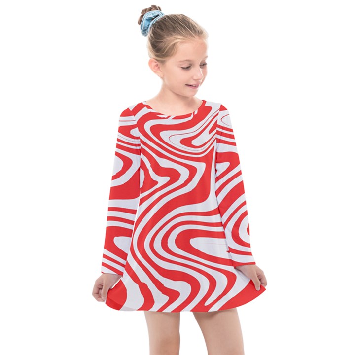 Red White Background Swirl Playful Kids  Long Sleeve Dress