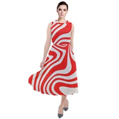 Red White Background Swirl Playful Round Neck Boho Dress by Cemarart