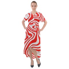 Red White Background Swirl Playful Front Wrap High Low Dress by Cemarart