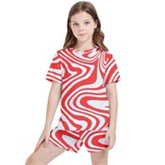 Red White Background Swirl Playful Kids  T-shirt And Sports Shorts Set by Cemarart