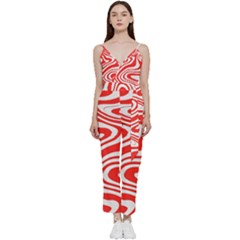 Red White Background Swirl Playful V-neck Camisole Jumpsuit by Cemarart