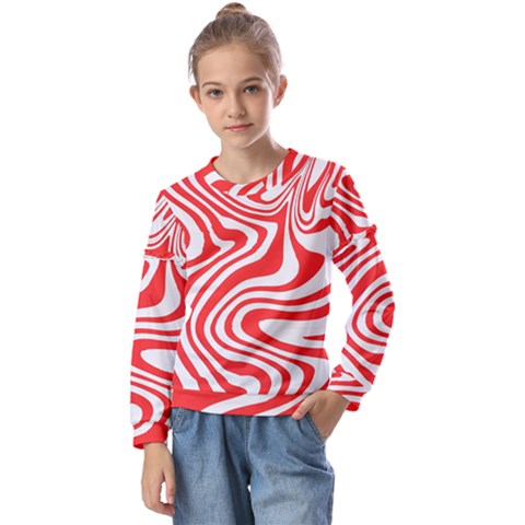 Red White Background Swirl Playful Kids  Long Sleeve T-shirt With Frill  by Cemarart