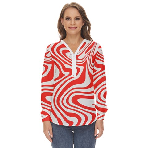 Red White Background Swirl Playful Zip Up Long Sleeve Blouse by Cemarart