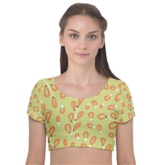 Pattern Leaves Print Background Velvet Short Sleeve Crop Top  by Cemarart