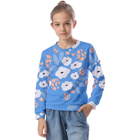 Doodle Flowers Leaves Plant Design Kids  Long Sleeve T-shirt With Frill  by Cemarart