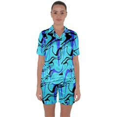 Mint Background Swirl Blue Black Satin Short Sleeve Pajamas Set by Cemarart