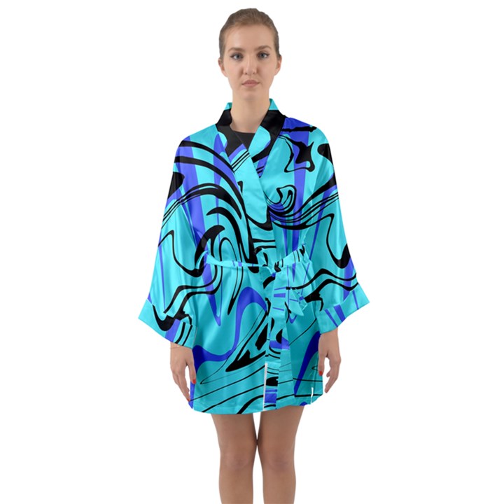 Mint Background Swirl Blue Black Long Sleeve Satin Kimono