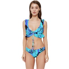 Mint Background Swirl Blue Black Low Cut Ruffle Edge Bikini Set by Cemarart