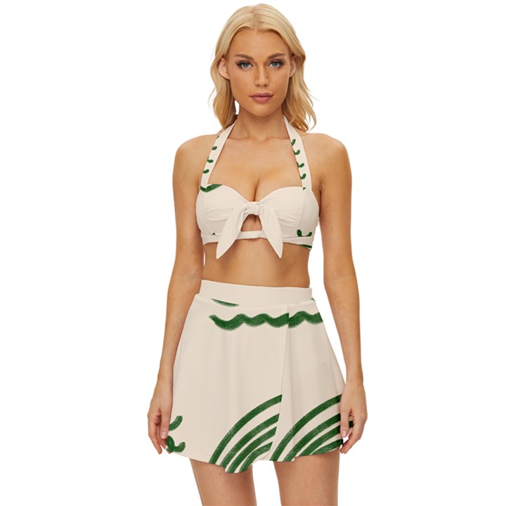 Elements Scribbles Wiggly Lines Vintage Style Bikini Top and Skirt Set 