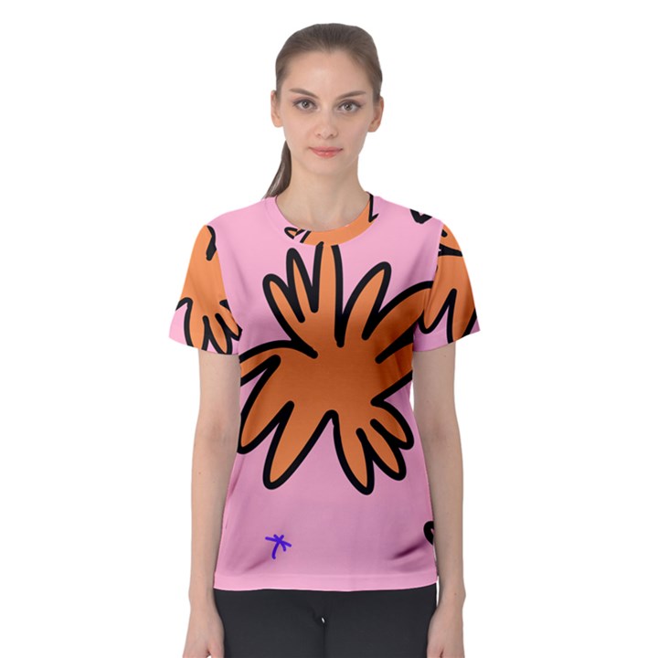 Doodle Flower Sparkles Orange Pink Women s Sport Mesh T-Shirt