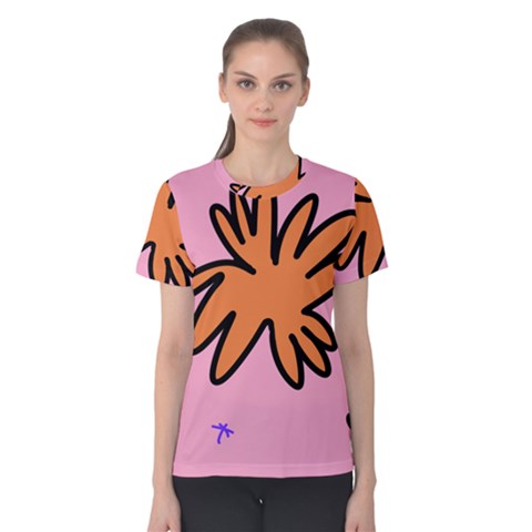 Doodle Flower Sparkles Orange Pink Women s Cotton T-shirt by Cemarart