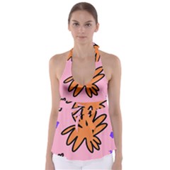 Doodle Flower Sparkles Orange Pink Tie Back Tankini Top by Cemarart