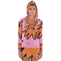 Doodle Flower Sparkles Orange Pink Long Sleeve Hooded T-shirt by Cemarart