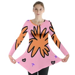 Doodle Flower Sparkles Orange Pink Long Sleeve Tunic  by Cemarart