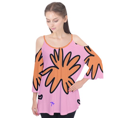 Doodle Flower Sparkles Orange Pink Flutter Sleeve T-shirt  by Cemarart