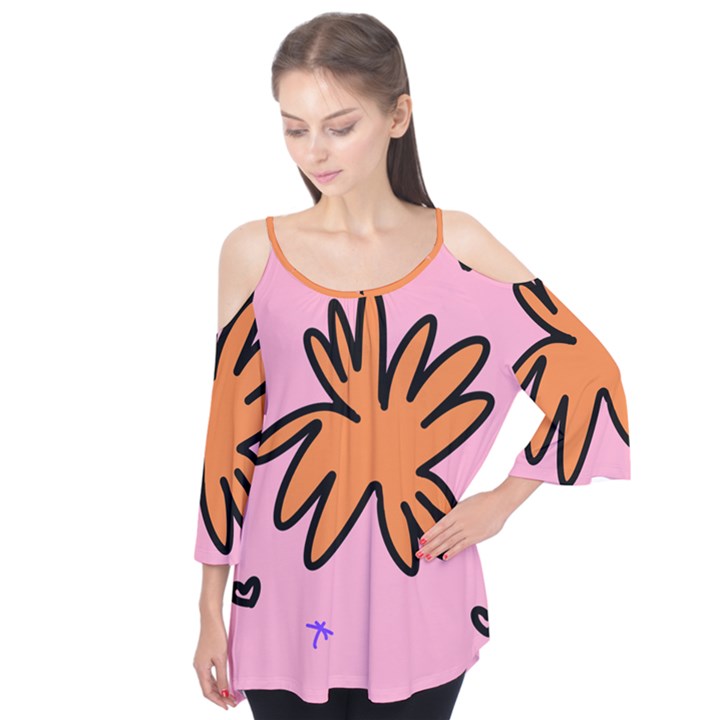 Doodle Flower Sparkles Orange Pink Flutter Sleeve T-Shirt 