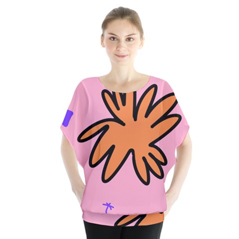 Doodle Flower Sparkles Orange Pink Batwing Chiffon Blouse by Cemarart