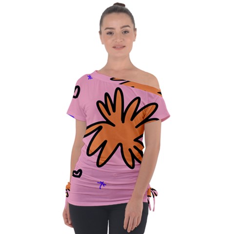 Doodle Flower Sparkles Orange Pink Off Shoulder Tie-up T-shirt by Cemarart