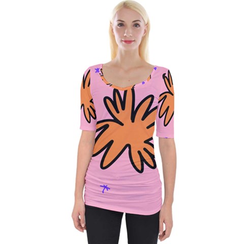 Doodle Flower Sparkles Orange Pink Wide Neckline T-shirt by Cemarart