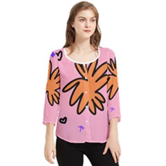 Doodle Flower Sparkles Orange Pink Chiffon Quarter Sleeve Blouse by Cemarart