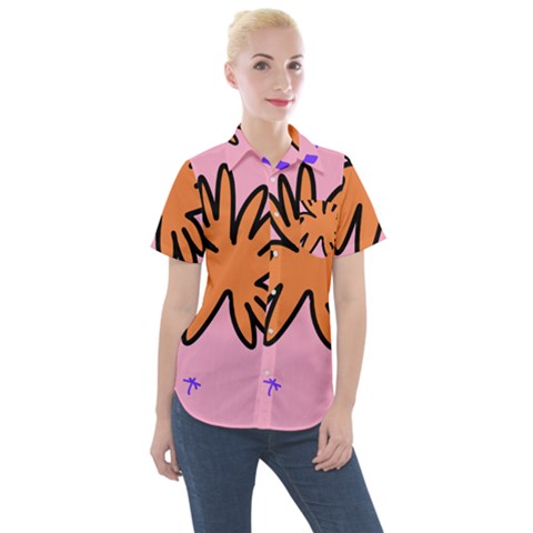 Doodle Flower Sparkles Orange Pink Women s Short Sleeve Pocket Shirt by Cemarart